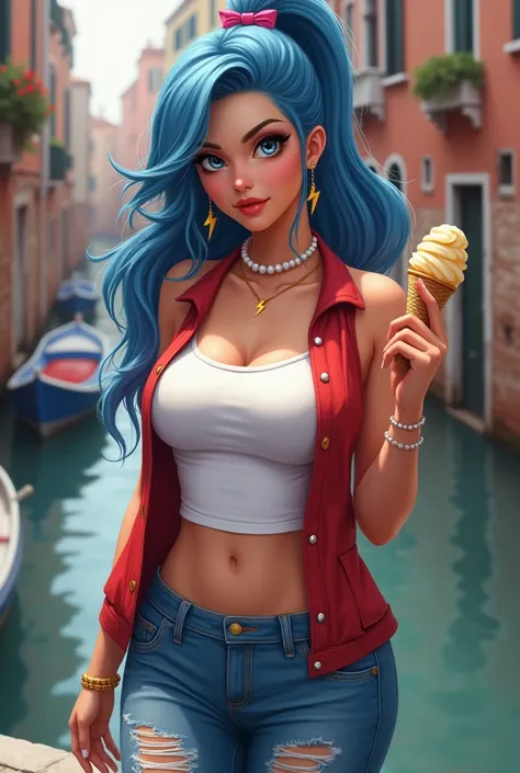 (photorealism:1.2),(masterpiece), best quality, expressive eyes, perfect face,perfect boobs,1woman, big natural saggy boobs,blue hair tied in a ponytail, with a pink ribbon, big natural tits, red sleeveless vest, cleavage, white tight t-shirt, two pearl ne...