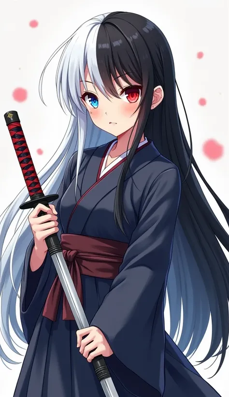 Anime girl with two-tone hair, white on the left and black on the right and two-tone eyes, blue on the left and red on the right, wearing a Japanese school uniform, long hair, and holding a katana 