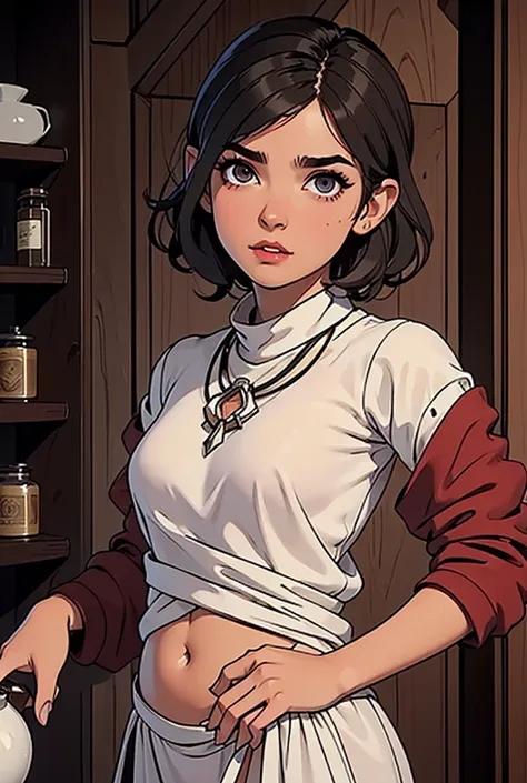 A woman, dark brown skin, pale brown eyes, very curly white short hair, pointy ears, white eyebrows and white eyelashes too, of clothes a red tunic, bottom: wooden room, potion shelves. position: looking ahead, hands at belly level 