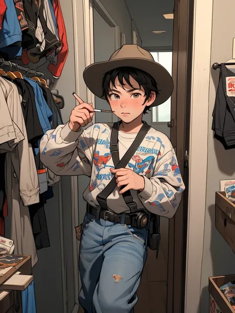 Roberts got a quick hand
Hell look around the room, but wont tell you his plan
Hes got a rolled cigarette
Hanging out his mouth, hes a cowboy kid, yeah
He found a six-shooter gun
In his dads closet, and with a box of fun things
I dont even know what
But he...