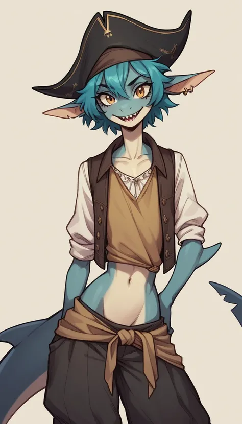 Best quality, Super detailed illustration, (Anthro shark guy:1,7), baggy pants, baggy shirt, vest, cocked hat, Pirates clothes ,Tousled luxuriant hair, Playful look, a femboy, slim, perfect body, small waist, wide hips,