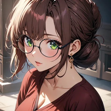 Masterpiece,Ultra High Quality, Super Detailed, 4K, 8K, Super Beautiful CG, high detailed Anime Style, 
Solo woman, 2, body shot, portrait, 
Beautiful face, 
She has chestnut-colored hair, which she wears up in a bun and hangs over her right shoulder,
roun...