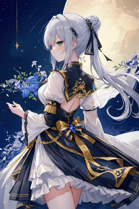 A woman in Gothic military uniform、A dress with lots of frills、Armor Dresses、強そうな女性knight、Gives off a strong aura、knight、無敵のknight、Shine、Blue lightを体に纏う、"Blue light"をwhole bodyから放つ、美しいBack view、Profile from behind、whole body、Gray Hair Color、Half Up、Militar...