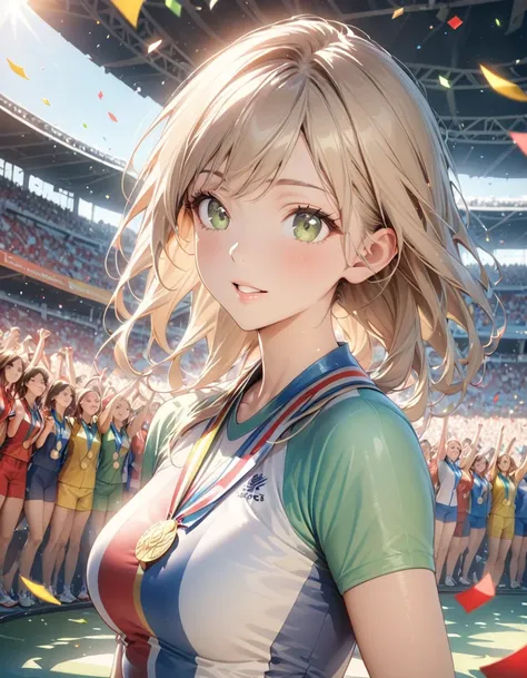 Gold Medal Winning Female Olympians, Expression of overjoy, Professionalism, Bright colors, Soft lighting, Expressive eyes, Detailed lips, Long eyelashes, Pleasant atmosphere, Players pose for joy, Colorful sportswear:1.1, Bust Shot, Dramatic lighting, Cin...