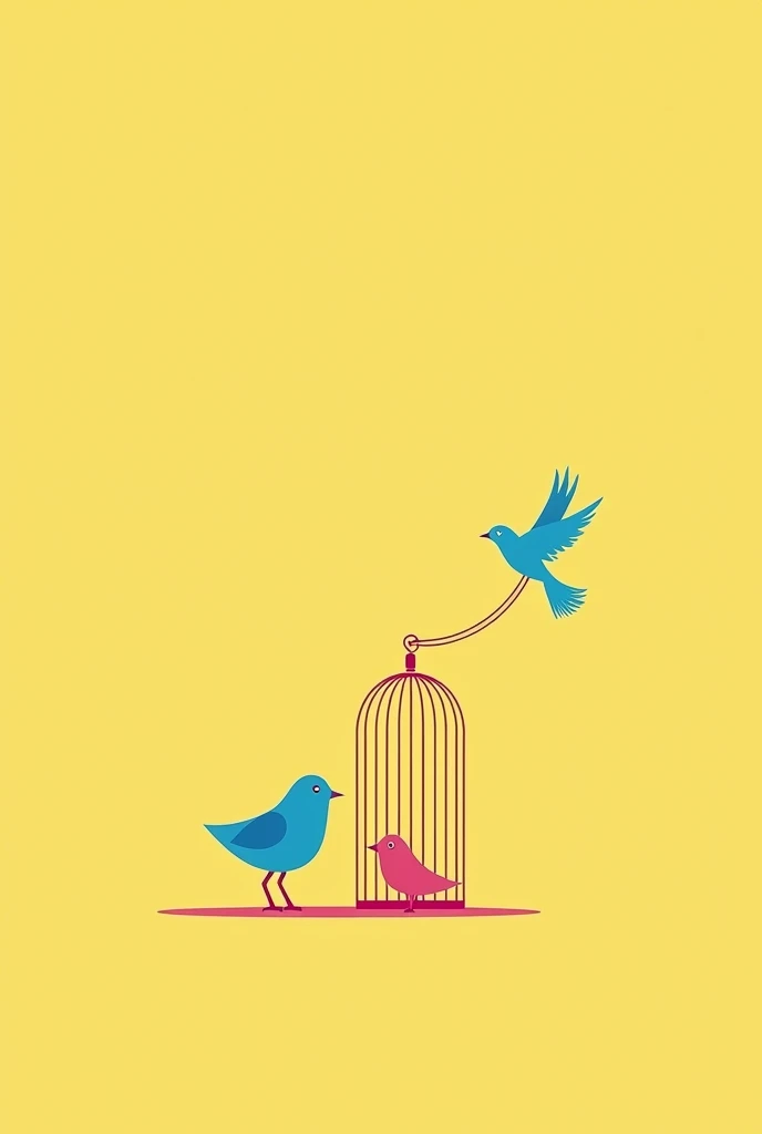 A minimalist yellow book cover with a pink and a blue bird in a cage and one of them flying out of it