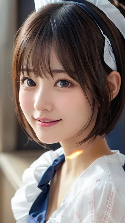 8k, Highest quality, Tabletop:1.2), (Realistic, Realistic:1.37), Highest quality, Tabletop, Beautiful young woman, smile,、Charm、そしてCharm表情, Cute maid outfit, Tie your hair back, Movie Background, Light skin tone、Head ornament、Red and navy check pattern、Bob...