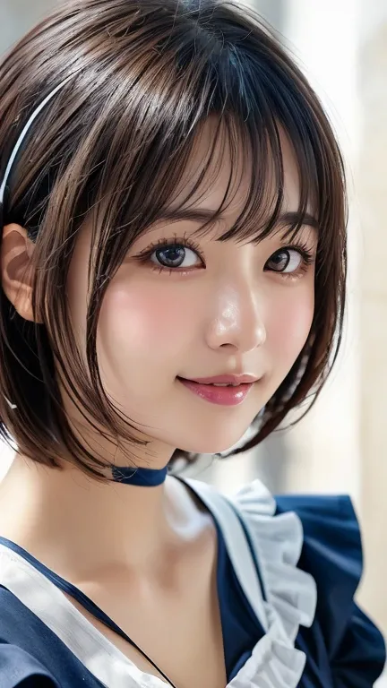 8k, Highest quality, Tabletop:1.2), (Realistic, Realistic:1.37), Highest quality, Tabletop, Beautiful young woman, smile,、Charm、そしてCharm表情, Cute maid outfit, Tie your hair back, Movie Background, Light skin tone、Head ornament、Red and navy check pattern、Bob...