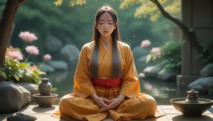 40 year old Japanese Buddhist woman in full meditation