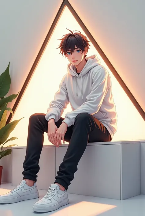 A 20 year old anime boy is sitting wearing a white hoodie, black jeans, wearing white shoes, behind him there is a triangle-shaped lamp