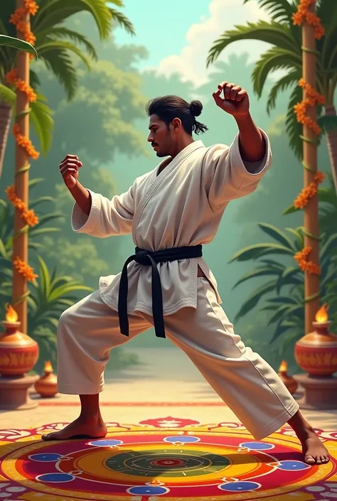 using AI models to create images of Karate Maveli or Onam-themed artwork. In karate dress