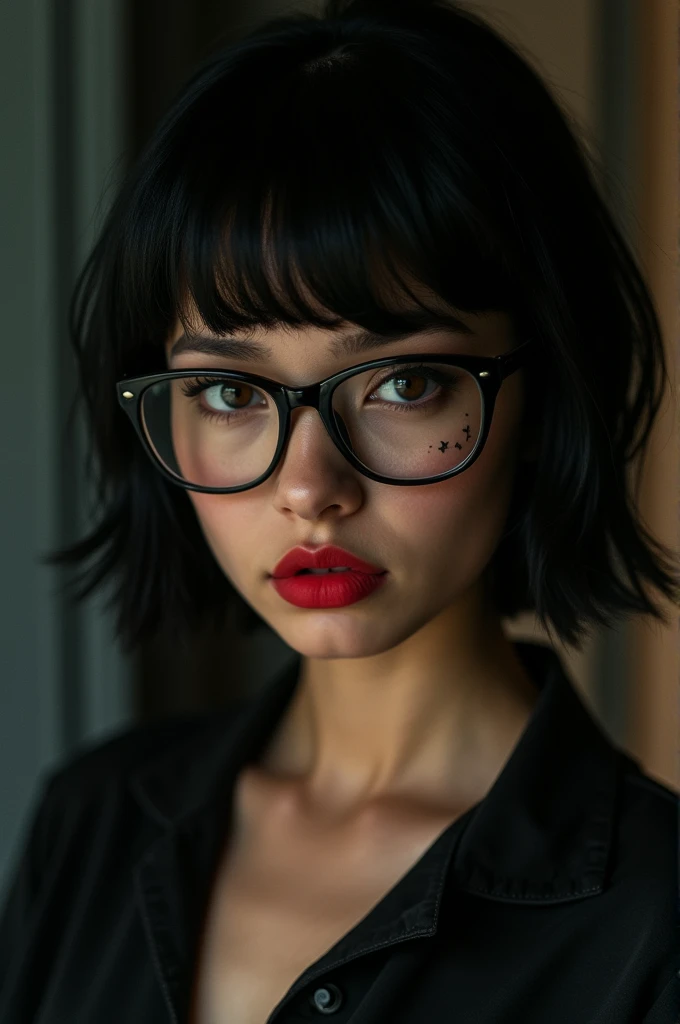 20 year old girl, short black hair with bangs, eyes black, serious and enigmatic face, very beautiful, skin tanned, wears red lipstick and simple black-framed glasses, has a scar that cuts across his left cheek, serious posture, confident, mysterious and t...