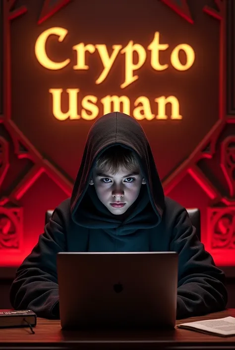 A boy sith in room using laptop,on the background wall write (Crypto with Usman) in golden font 