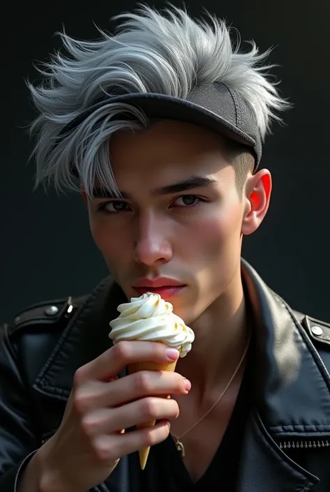 Handsome young man wearing a leather jacket, wearing a cap, with silver hair, holding ice cream, messy silver hair, elegant, (8k, raw photo, photorealistic:1.25) ,( lipgloss, eyelashes, man, bright face, shiny skin, Dark skin, dark panting, male, Best Qual...