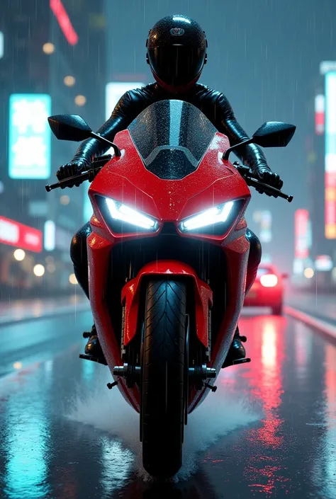 Futuristic big bike、The red bike that Akira rode in the anime movie、A sexy and beautiful woman running。Splashing。The background is a highway in a future city at night in virtual space。Christmas neon lights reflecting and shining and rain falling。The woman ...