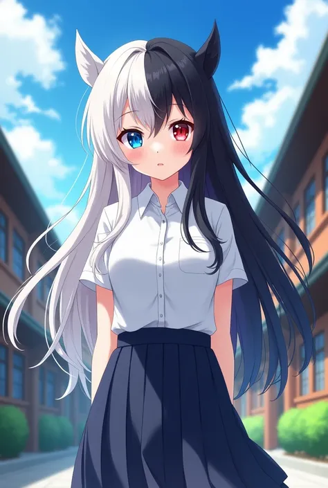 Anime girl with two-tone hair, white on the left and black on the right and two-tone eyes, blue clock on the left and red on the right, wearing a Japanese school uniform, long hair school background 