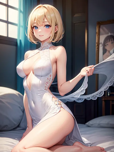 Anime style, super fine illustration, highly detailed, beautiful detailed, pale tone image, static representation, gentle expression, 8k, pretty 1girl with blonde straight short hair & blue eyes & a bright smile & big breasts & soft fair skin is wearing th...