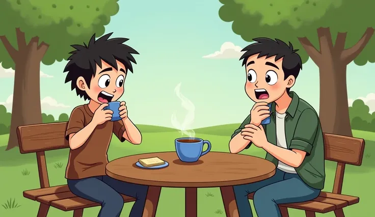 First Sip of Tea

Characters: Student (casual, grimacing) and professor (young adult, observing).
Background: Park setting with a picnic table.
Description: The student tastes the tea and makes a face, clearly finding it undrinkable
In a comic style and st...