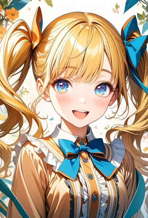 Shining, blonde hair, blue eyes, twintails, smiling, looking at camera, open mouth, ribbon, sleeves removed, blushing, socks, frills, bow tie, bangs, hair ornament, :D, floating hair, upper body, )quality) , Clear, Masterpiece, Super Detailed, Illustration...