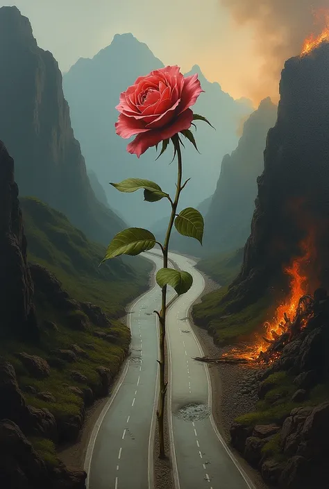 A painting of a dying flower (rose) sorouded by mountains and a road dividing the mountains, a river flowing on one side and fire on the other side of a road crossing in between. Beautiful scenary on the side with river and a beautiful but destroyed scenar...