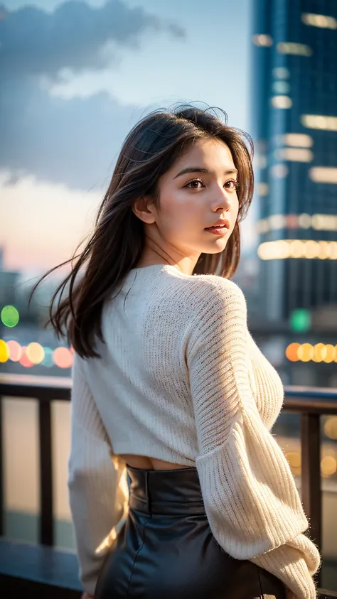 A highly detailed and realistic portrait of a young woman standing against a vibrant cityscape during sunset. The focus is on the womans face, capturing the soft light that falls across her skin, highlighting her natural features, and her eyes reflecting t...