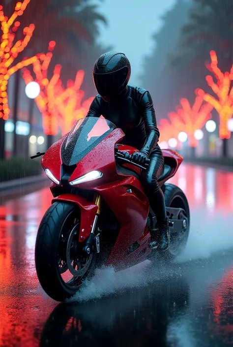 Futuristic big bike、The red bike that Akira rode in the anime movie、A sexy, beautiful woman is riding。Splashing。The background is a road in a futuristic city at night in virtual space。The Christmas neon lights reflect and shine on the tree-lined streets, a...