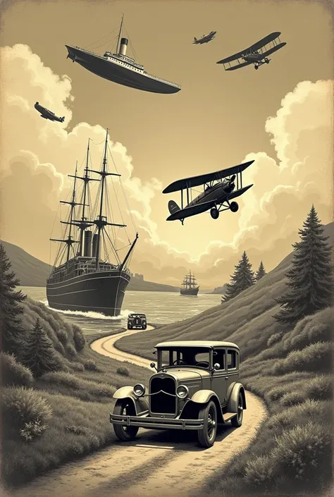 super Vintage or old picture of water,air, land transportation 
