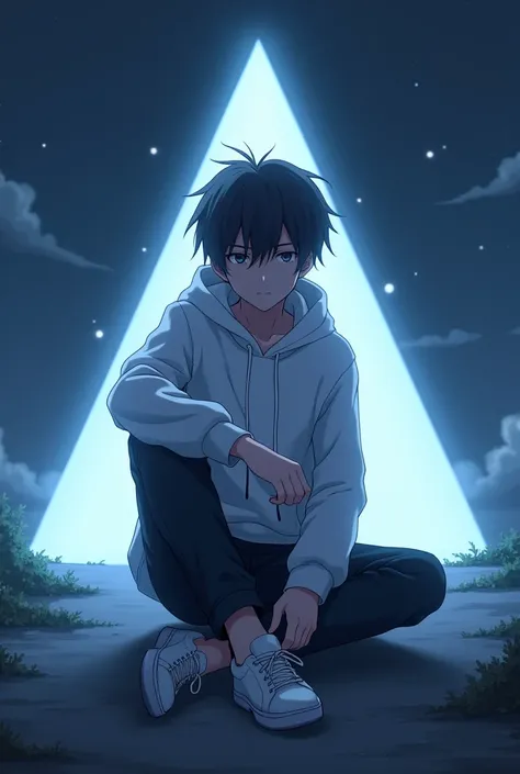 A 20 year old anime boy is sitting wearing a white hoodie, black jeans, wearing white shoes, behind him there is a triangle-shaped light at night
