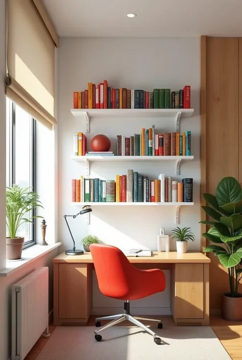 Create an image of an office with white walls, side wall with oak wood wallpaper, three white shelves with colorful books, oak table and red swivel chair, window with beige curtain next to the table.