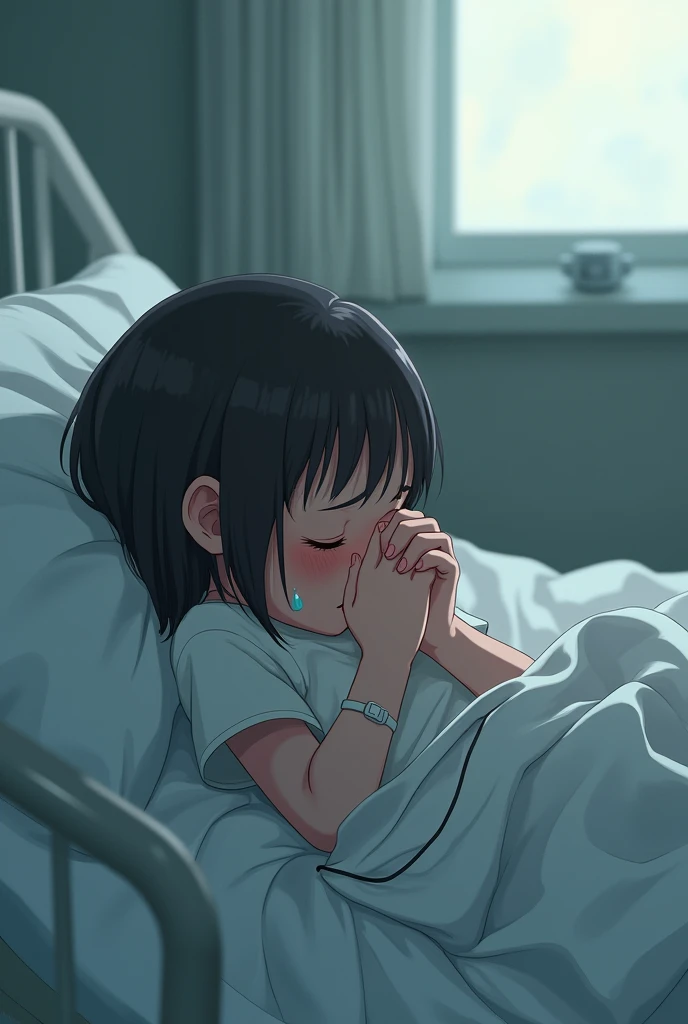 A young girl in a hospital on a bed crying 