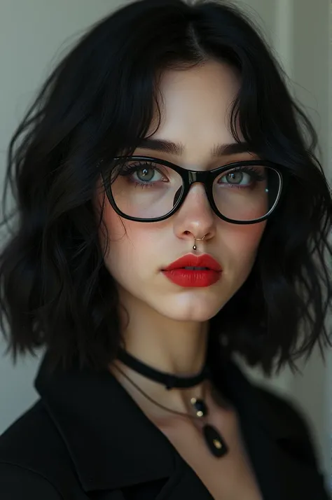 20 year old girl, wavy black hair shoulder length, lateral decay, grey-eyed, serious and enigmatic face, has a septum and eyebrow piercing, wearing red lipstick and plain black framed glasses, serious posture, confident and threatening