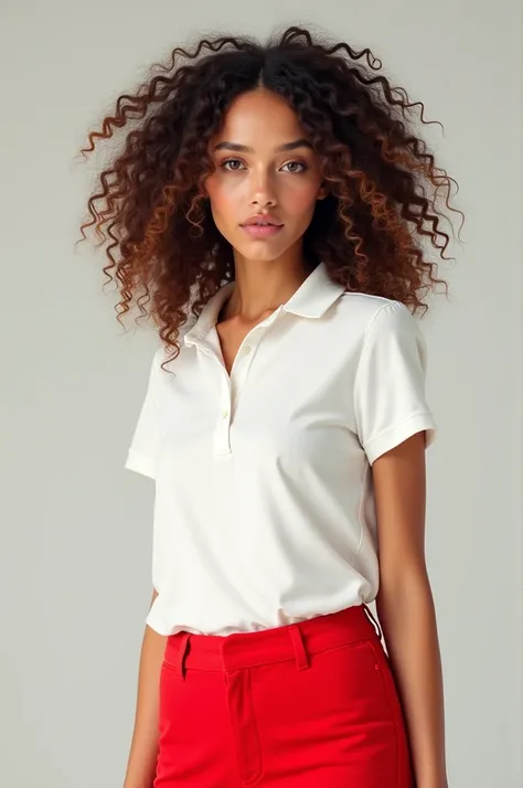 Curly haired woman in white polo shirt and red leggings 