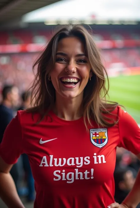 "Generate an image of a beautiful and enthusiastic woman sexy real supporting Bristol City with a Red and White Always in Sight! t-shirt in the stadium, ideal for promoting the t-shirt design and trousers sexy." with out logo
