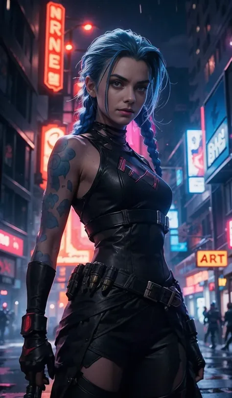 a medium shot of a dynamic cyberpunk showdown in a rain-soaked street. the focus is on a fearless character resembling jinx, sta...