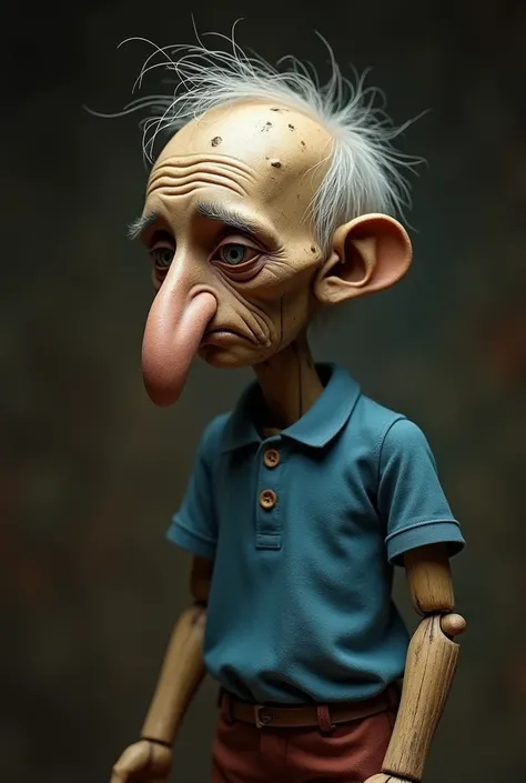 sad pinocchio, very big and very thin nose, blue polo, white hair baldness, de madeira