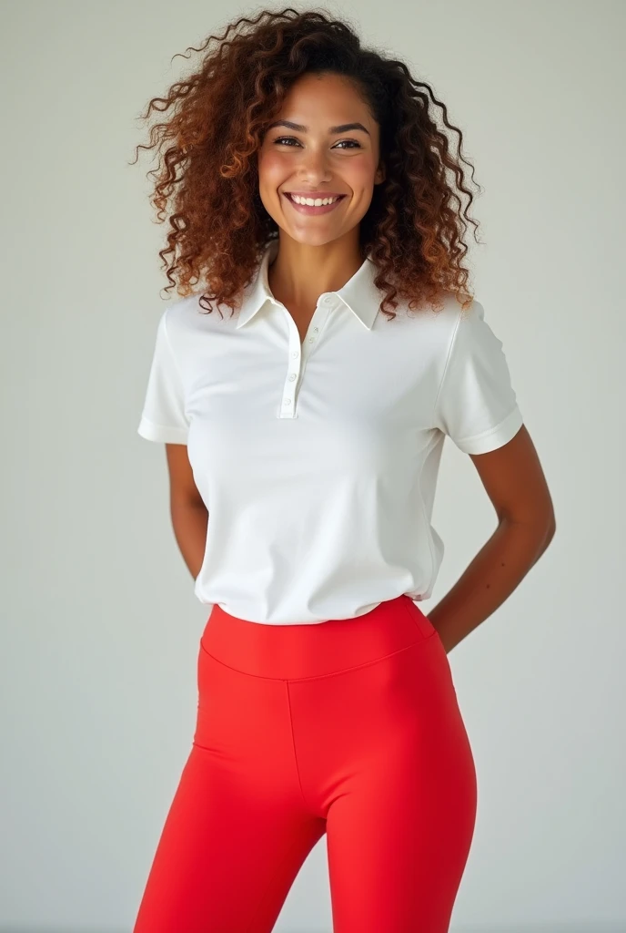 Woman with curly hair in white polo shirt and red leggings 