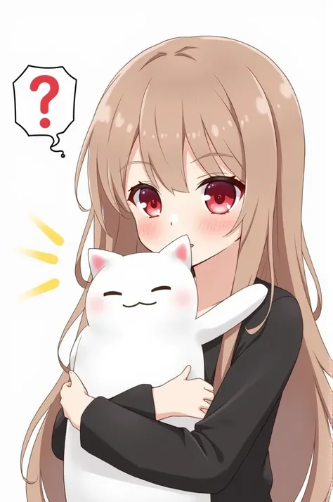 The image shows an anime girl with long brown hair, wearing a black shirt and holding a white cat plushie. She has red eyes and a confused expression. There is a question mark and exclamation point in the top left corner of the image.