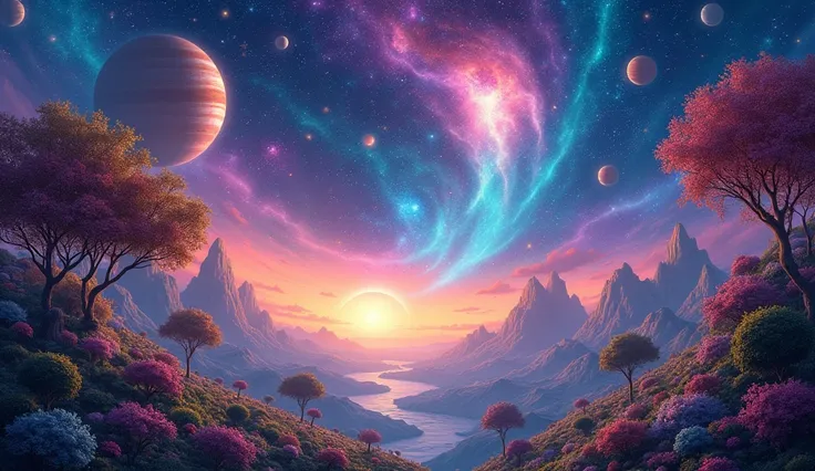 A cosmic garden filled with colorful planets and stars, representing the boundless potential within each individual, with high color contrast, with color enhanceme