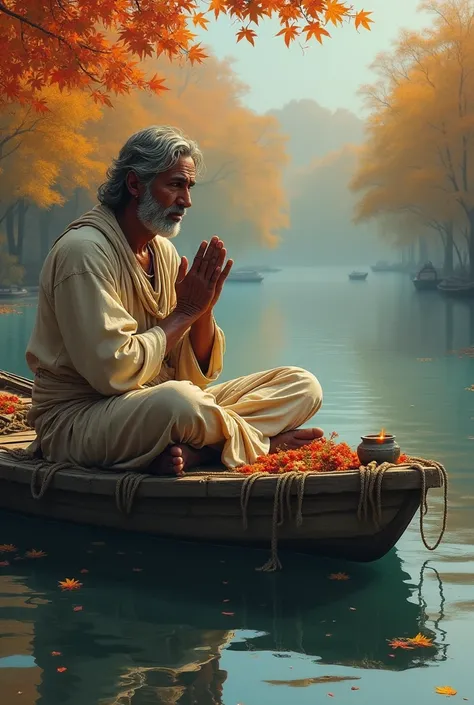 A poor Indian sailor is sitting in a boat on the river offering obeisance to his God in autumn from side view 