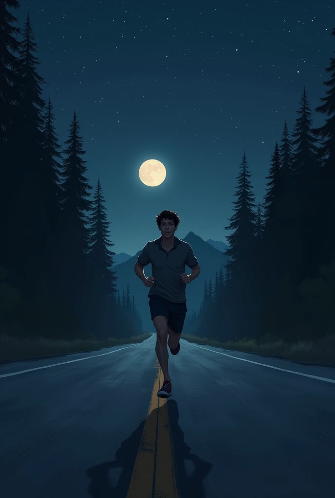 A young man with a bit of hair running alone on a highway at night 