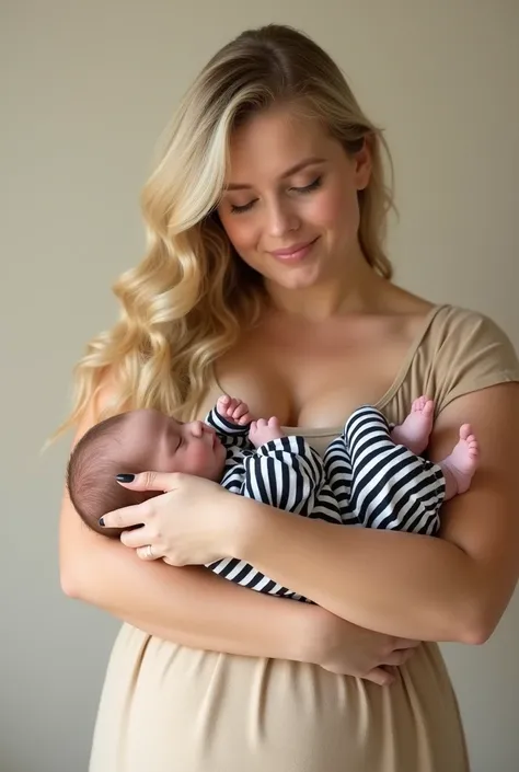 Blonde girl, a bit plump  , in a beige dress , holds a 3 month old baby vertically in his arms , baby boy dressed in open jumpsuit striped black and white color . photo,  Realism 