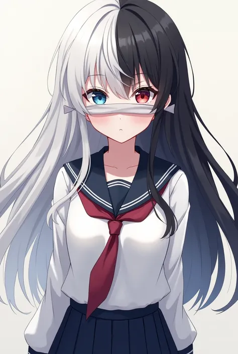 Anime girl with two-tone hair, white on the left and black on the right and two-tone eyes, blue on the left and red on the right, tie cloth over both eyes wearing Japanese school uniform, long hair 