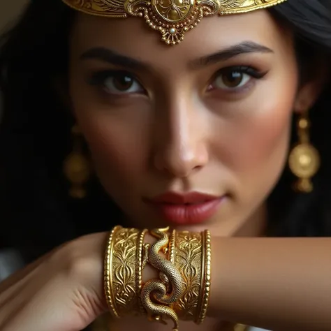 Make a gold bracelet jewelry with Turkish engraving with snake silhouette of goddess Medusa on beautiful Mongolian woman model closeup shows details of her crown