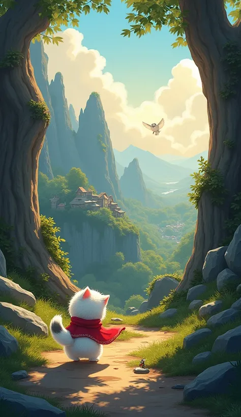 "A realistic illustration of Luna, a small kitten with soft white fur and a gray spot on her tail, walking down a mountain with Sora, an owl flying nearby. Luna is wearing a softly glowing red shawl, a symbol of newfound courage and magic. The view of a qu...