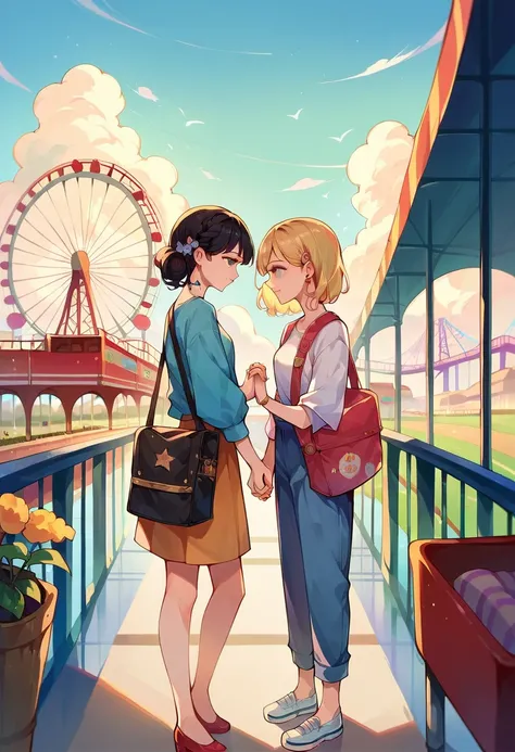 The girl has long black hair with the girl has blonde bobbed hair and his eyes is a blue standing side by side ,holding hands, Amusement park 、the Ferris wheel,