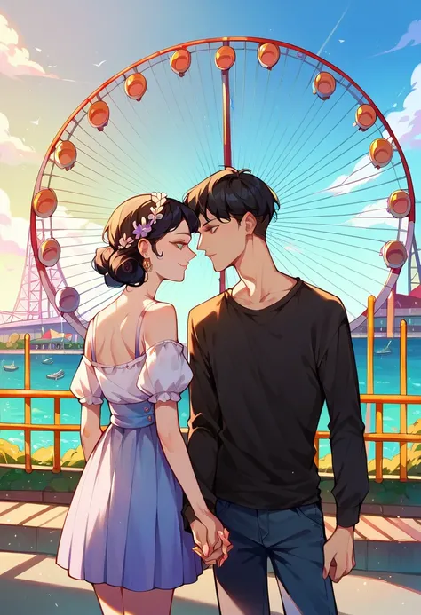 The girl has long black hair with the girl has blonde bobbed hair and his eyes is a blue standing side by side ,holding hands, Amusement park 、the Ferris wheel, 걸어가는