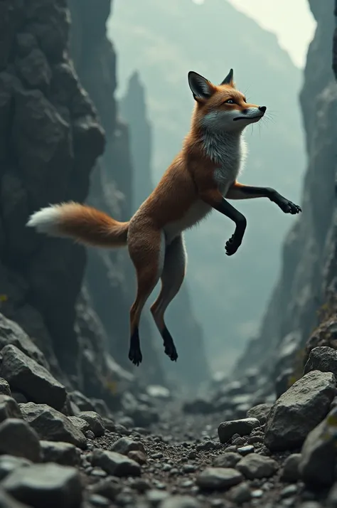 Create an image of a fox that fell off a cliff and died by falling on top of large, small and medium-sized rocks. ( the image that is animated