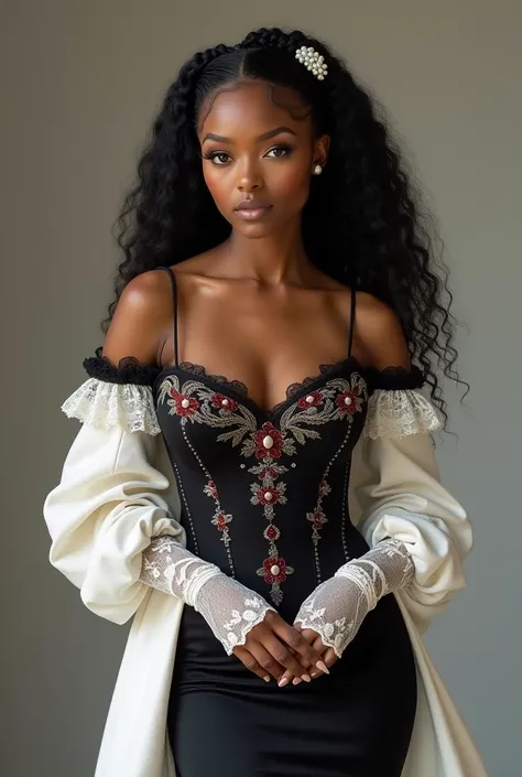 Draw a black-haired light skinned woman wearing a custom-made A-line dress with an integrated Queen Anne corset. The garment itself is black, but the linen draped over her shoulders is white, as are the delicate lace sleeves that extend over the back of he...