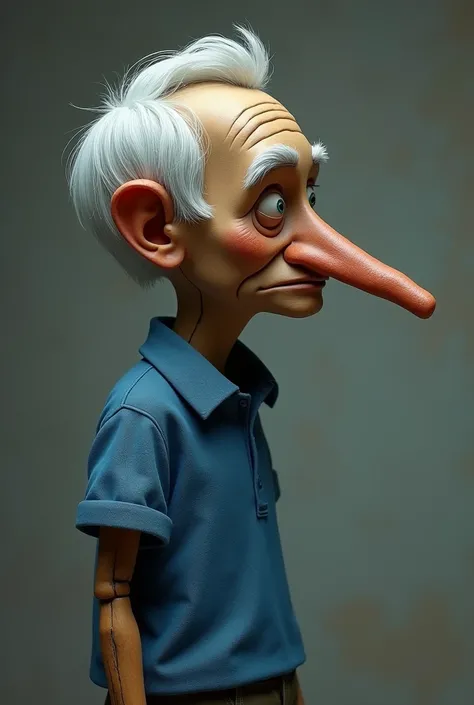 Sad Pinocchio with a big thin nose, blue polo, white hair baldness, de madeira, Profile, facing the front