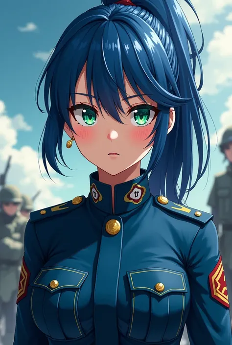 anime woman, strong, green eyes, blue military outfit, messy ponytail