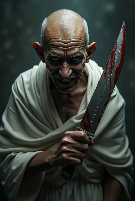 Gandhi is killer holding a knife with red blood 